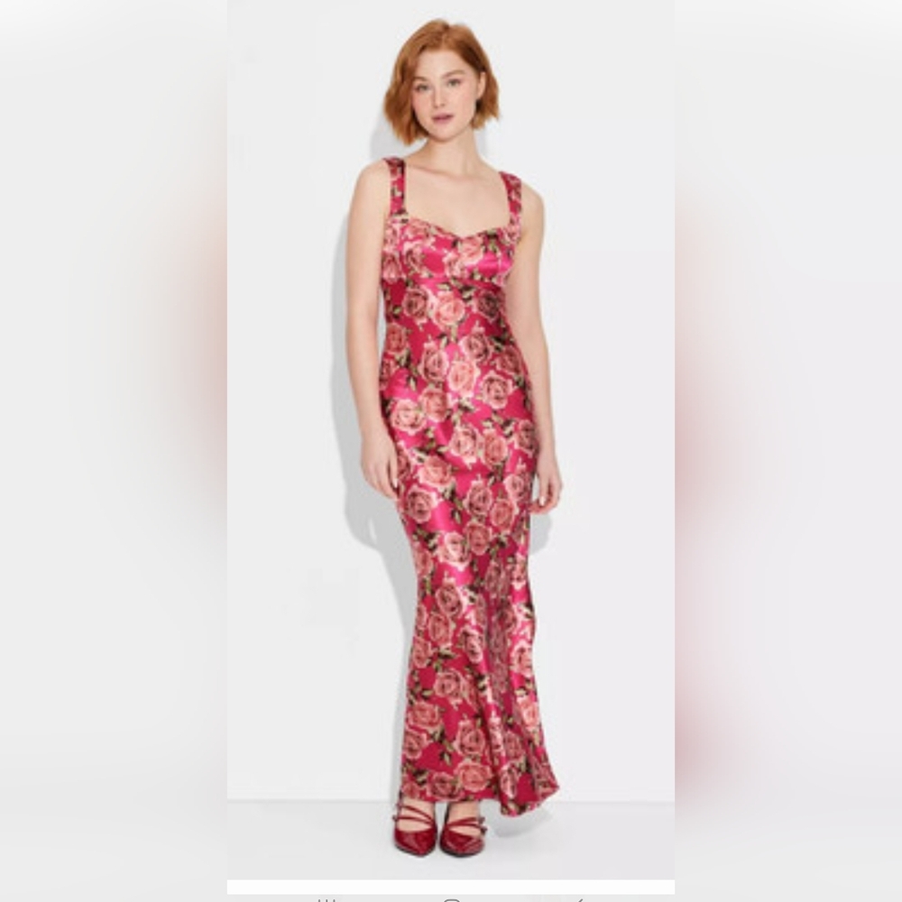 Women's Cap Sleeve Satin Maxi  Dress - Wild Fable Red roses Small Coquette
